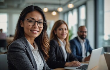 Meeting, portrait and woman with business people in office for teamwork, collaboration and planning. Entrepreneur, training and employee at startup company for learning