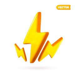 Yellow lightning bolt sign. Realistic 3D design in a plastic cartoon style. Icon isolated on a white background.