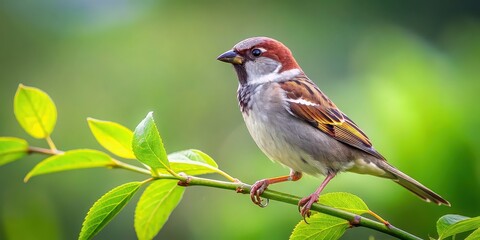 Sparrow perched on a leafy branch, sparrow, bird, branch, tree, nature, wildlife, small, feathers