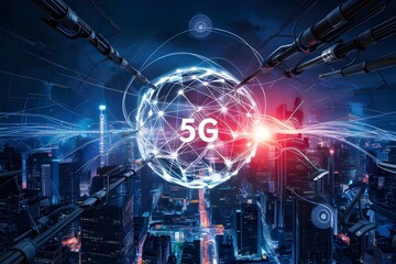 Obraz premium 5G technology intelligent automation internet interconnectivity advanced speed in a blue background