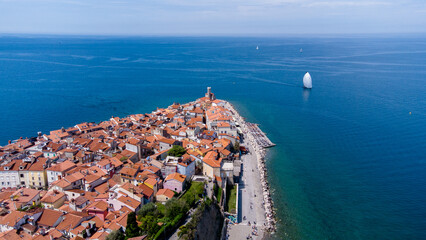 Aerial view of coastline and lighthouse of Piran, Slovenia