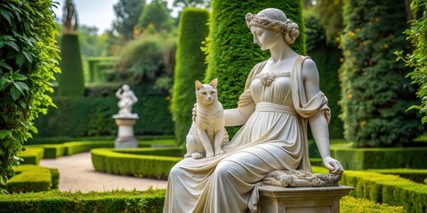 Obraz premium Marble statue of a beautiful lady and her cat in a serene formal garden , marble, statue, beautiful, lady, cat, formal