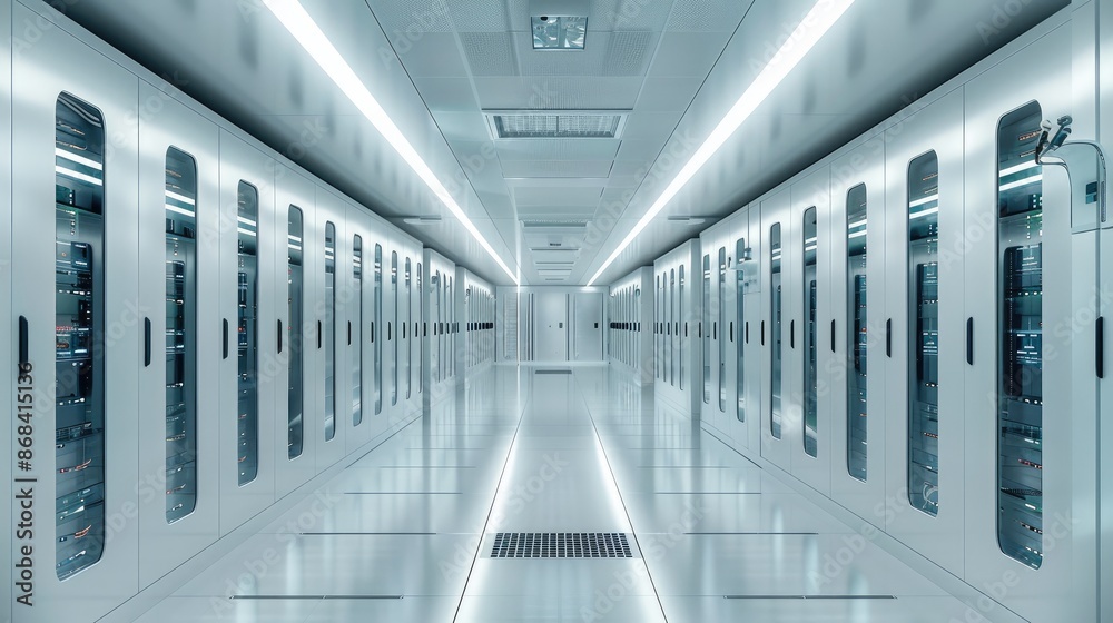Poster White interior of a datacenter, High-tech data center with rows of server cabinets and white walls, creating an atmosphere of technology innovation. Generative AI.