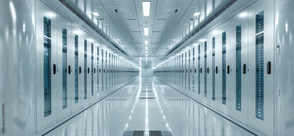 Poster white interior of a datacenter, high-tech data center with rows of server cabinets and white walls, 