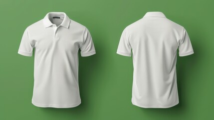 Plain white polo shirt displayed from both the front and back on a mannequin. The shirt features a collar with a placket that has three buttons, short sleeves, and a straight bottom hem