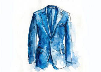 Elegant blue suit with white shirt and tie watercolor drawing on white background for business or fashion theme