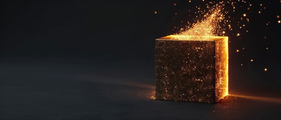Powerful visual of a box erupting with luminous particles and light, with copy space