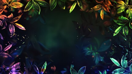 Vibrant, digitally created scene with a variety of leaves and particles that appear to be glowing with neon colors