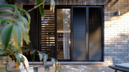 Minimalist urban home featuring dark Bahama shutters for privacy and a striking contrast against light brick walls