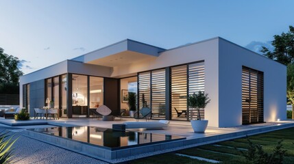 Fototapeta premium Modernist cube house with minimalist Bahama shutters, emphasizing clean lines and functional design