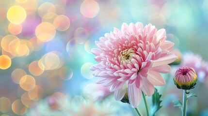 Chrysanthemum in full bloom with a bokeh backdrop, serene floral scene,