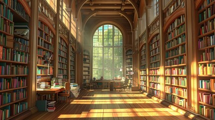 Cozy Cartoonish Anime Art Style of a School Library with Wallpaper Background