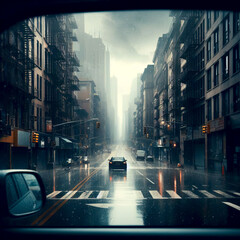 view from a car window to an evening city street during the rain with lights from lanterns and glare  selective focus