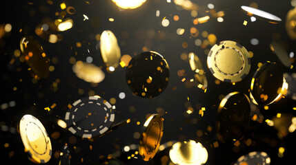 Close-up of black and gold poker chips thrown up on a dark background. Poker chips falling from the air with gold particles. Abstract background.