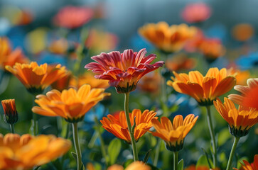 Obraz premium Vibrant colored flowers bloom in a meadow. Generative AI.