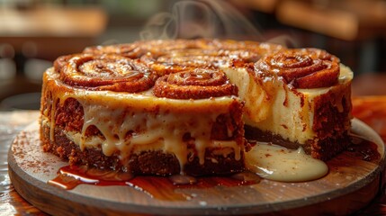 Warm, gooey cinnamon roll cheesecake with a caramel drizzle