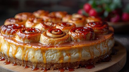 Close-up of a cheesecake topped with cinnamon rolls and caramel drizzle