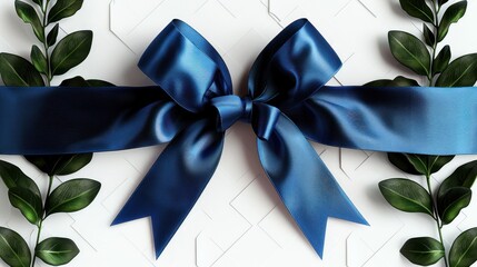 A close-up of a navy blue satin ribbon bow with green leaves on a white background