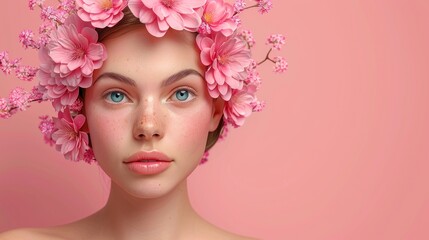 A woman with pink flowers in her hair, looking straight at the camera