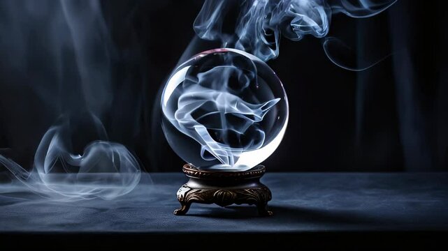 mystical crystal ball emitting swirling white smoke, resting on an ornate metallic stand. The scene is set against a dark, moody background, enhancing the mysterious and magical atmosphere