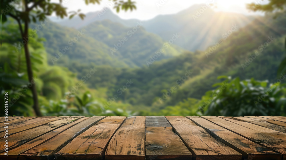 Aufkleber Wooden table with bokeh background and mountain view, copy space for text. Generative AI.