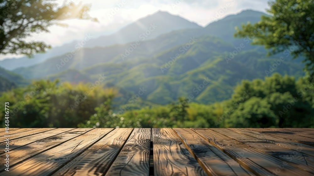 Aufkleber Wooden table with bokeh background and mountain view, copy space for text. Generative AI.