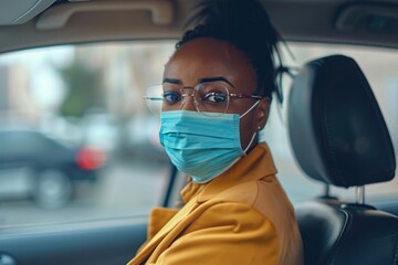 Car Mask. Young African Woman Driving Car with Face Mask During Pandemic