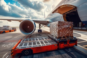 Fototapeta premium Cargo Handling. Loading and Shipping of Freight Containers on Aeroplane