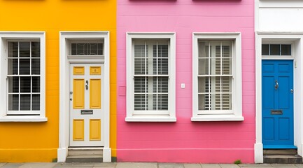 Obraz premium Colorfully painted house facades with white doors and windows. The front doors and walls are painted in bright colors.