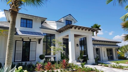 Fototapeta premium Suburban home with custom-designed Bahama shutters, enhancing curb appeal with unique patterns