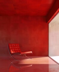 Minimalist interior with red wall and metal accents