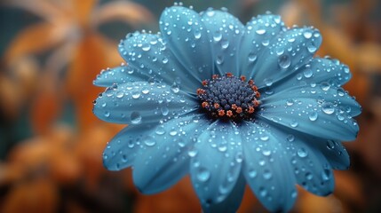 A close-up of a single blue flower with dewdrops on its petals