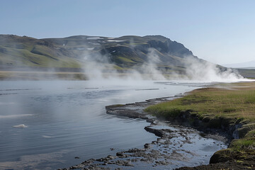 Hot spring with steam rising in a volcanic area