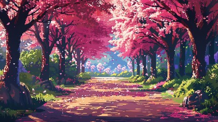Pixel art cherry treelined path, blooming flowers, 8bit scenery, pixelated romance, vibrant blossoms, tranquil pathway,