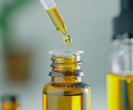 Close-up of glass dropper filled with golden liquid dispensing a drop into clear glass bottle highlighting precise measurement and application for aromatherapy or skincare