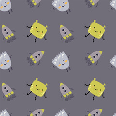 Childrens cute pattern with monsters or aliens in space. Galaxy elements and rockets, planets background. Cute characters and cosmic objects for print. Childrens adventure pattern in naive doodle styl