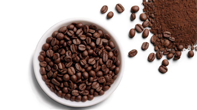 Ground coffee scattered isolated on transparent background, top view