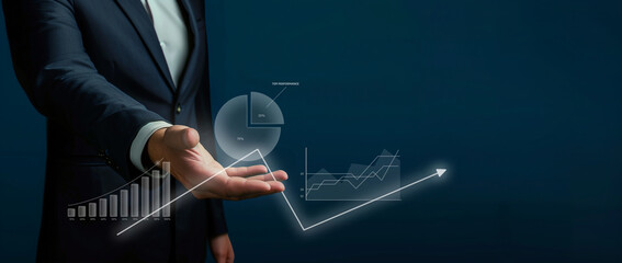 businessman presenting digital graphs with copy space