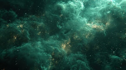 Fototapeta premium A vibrant green nebula shimmers with gold stars in the vast cosmic expanse