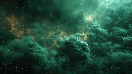 Fototapeta premium Cosmic clouds of green swirl across a dark, starry expanse