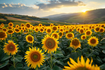 Vibrant sunflower fields in full bloom during the peak of August