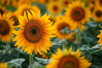 Obraz premium Vibrant sunflower fields in full bloom during the peak of August