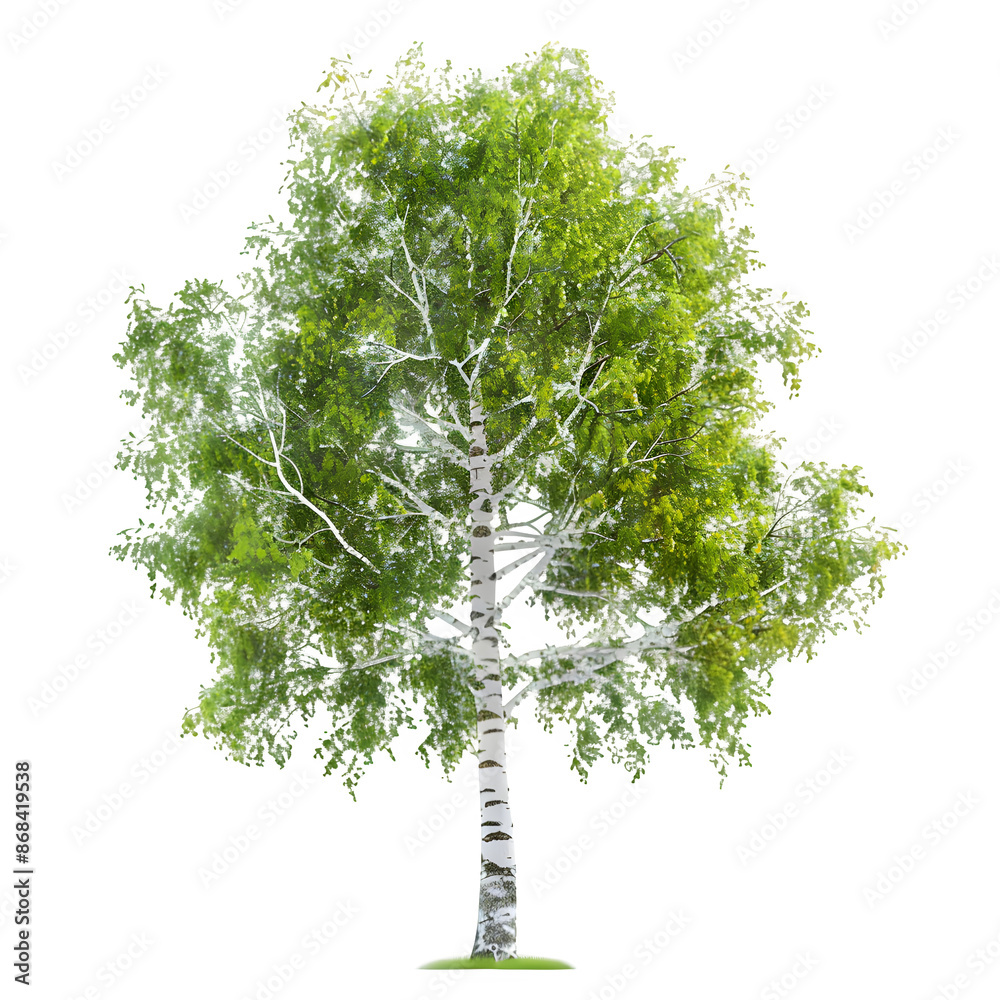 Poster detailed 3d render of an isolated birch tree with green leaves, on a checkered transparent backgroun