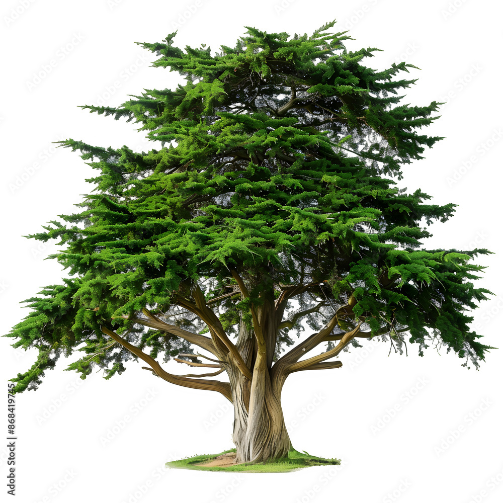 Poster vibrant evergreen tree with detailed branches isolated on a checkered background