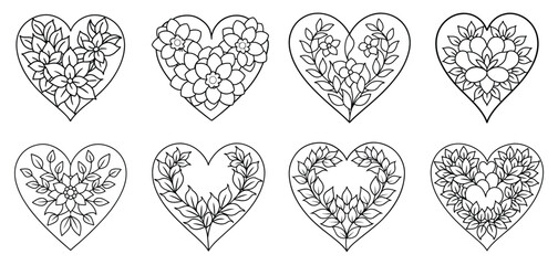 Floral Heart of Flowers and Leaves in Line Art Collection