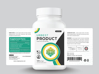 Food supplement vitamin medicine label sticker design dietary drug capsule and tablet modern bottle jar box packaging.