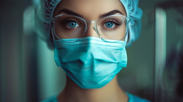 Female doctor wearing a mask looking at the camera on a blurred background.