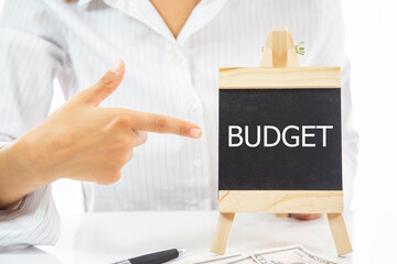 A woman pointing at a blackboard with the word budget written on it