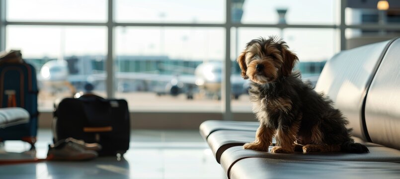Fluffy Stabyhoun Puppy in Airport Lounge with Luggage and Airplanes in Background