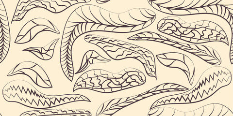 Monochrome doodle seamless pattern with different leaves. Vector hand drawn illustration for business, wallpaper, wrapping, textile on beige background. Editable stroke	